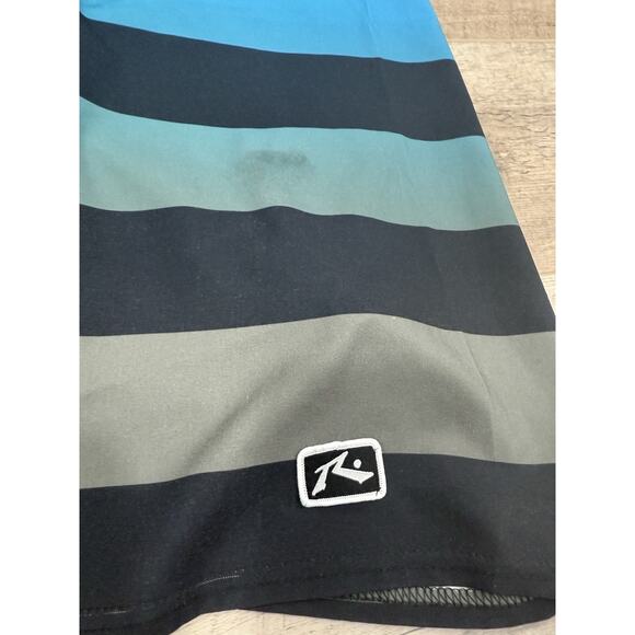 RUSTY Board Shorts Wax Comb Bottle Opener Mens 32 Striped Blue Green - Picture 2 of 6